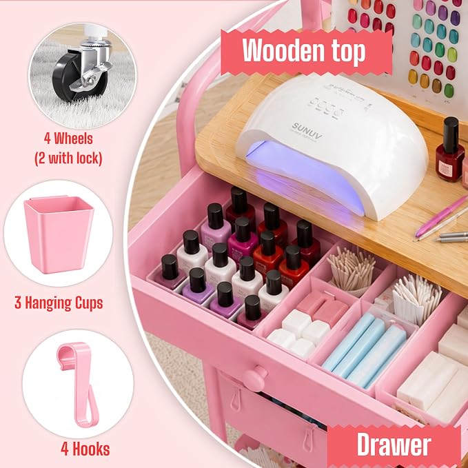 3 Tier Pink Rolling Cart with Drawer for Makeup Storage, Metal Utility Cart with Wheels, Make up Shelf Hair/Lash/Nail Polish/Skincare/Perfume Organizer, Floor Storage Vanity Carts for Bathroom,Salon