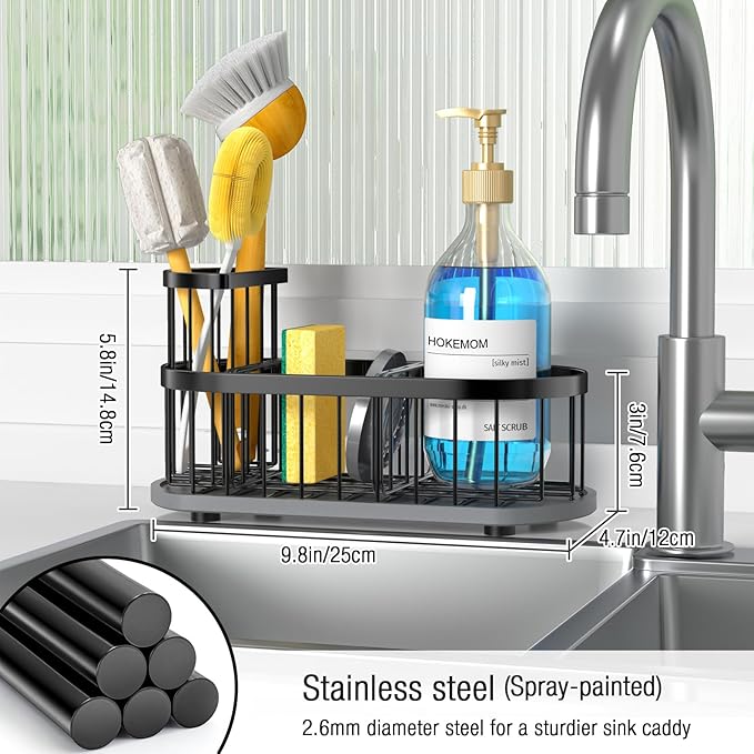 HOKEMOM Black Sponge Holder for Kitchen Sink,Sink caddy organizer - 2.6mm Thick 304 Stainless Steel Caddy with Rust-Proof Coating, Non-Slip No-Drain Base. Dimensions: 9.84" x 4.72" x 5.83"