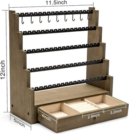 Pinzoveco Earring Organizer, 5 Layer Earring Holder Organizer with Necklace Holder Pole, Rustic Wood Jewelry Organizer Stand Display for Stud Earring Bracelet Necklace Ring, 175 Earring Holes