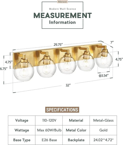 Bathroom Light Fixtures, 5 Light Brushed Gold Vanity Light, 32 Inch Modern Wall Sconces with Globe Clear Glass Shade, Vanity Lighting Fixtures Over Mirror, VL195-BG-CL-5