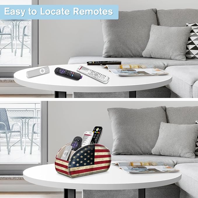 FINTIE Remote Control Holder, 5 Compartments Vegan Leather TV Remoter Caddy Desktop Organizer Makeup Brush Holder Storage Fits TV Remotes, Media Controllers, Office Supplies(US Flag)