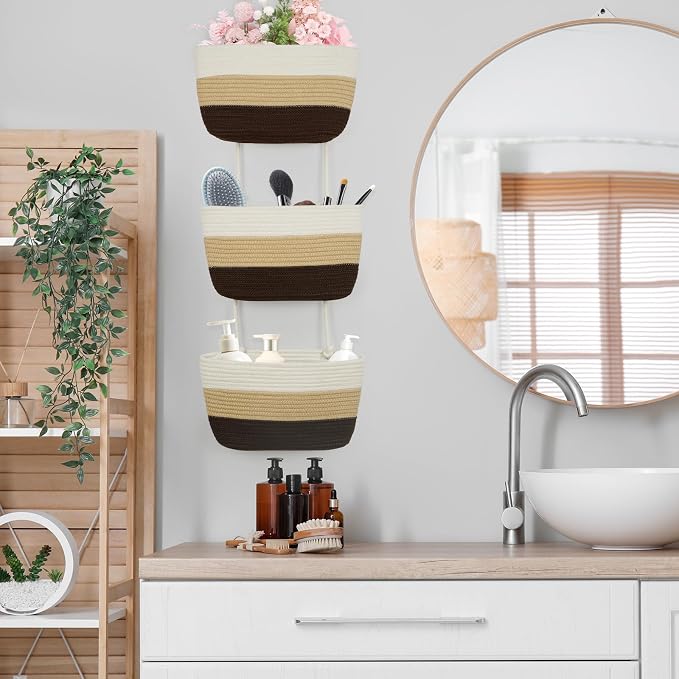 TeoKJ Over the Door Hanging Basket, 3-Tier Woven Cotton Wall-Mounted Storage Organizer Bag Decorative Hanging Nursery Baskets，Gradient Brown