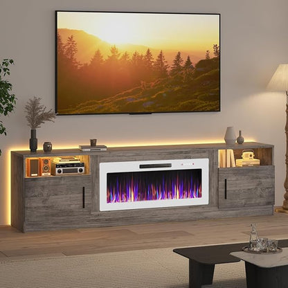 Lemberi Fireplace tv Stand with 36 inch White Fireplace Up to 90" TVs, LED Light Entertainment Center and Storage, 80" Modern Wood Media TV Console with Highlight Cabinet for Living Room (Gray)