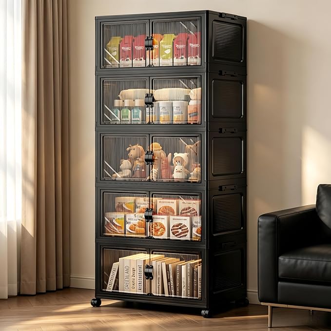 5-Tier Foldable Storage Cabinet with Wheels & Lid, 242QT Large Stackable Organizer, No Tool Required, Storage Cabinet for Garage, Home Office, Pantry, Kitchen, Dorm