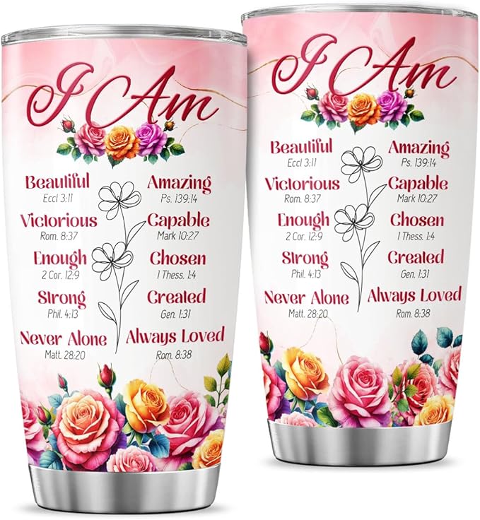 Christian Affirmation Gift for Women, I Am Scripture Tumbler with Bible Verses, Inspirational Floral 20oz Stainless Steel Insulated Cup, Religious Faith Present for Mom, Sister, Friend