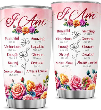 Christian Affirmation Gift for Women, I Am Scripture Tumbler with Bible Verses, Inspirational Floral 20oz Stainless Steel Insulated Cup, Religious Faith Present for Mom, Sister, Friend