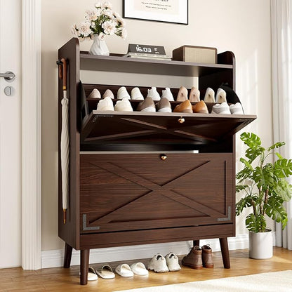 Shoe Storage Cabinet with 2 Flip Drawers & Adjustable Shelves,Narrow Shoe Cabinet Storage with Doors Side Hooks Wooden Shoe Rack Cabinet for Entryway,Hallway,Rustic Brown