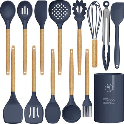 oannao Silicone Cooking Utensils Set - 446°F Heat Resistant Silicone Kitchen Utensils for Cooking,Kitchen Utensil Spatula Set w Wooden Handles, BPA FREE Gadgets for Non-Stick Cookware (Navy Blue)