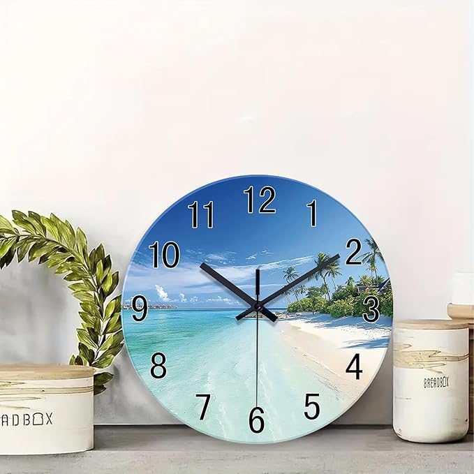 XFM Blue Beach Wall Clocks Battery Operated 12 Inch Round Glass Silent Wall Clock Coastal Nautical Wall Clocks for Living Room Bedroom Kitchen Decor