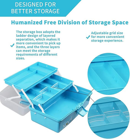 TERGOO 12in 3-Layer Plastic Craft Organizers and Storage, Portable Folding Tackle Box with Handle & Adjustable Dividers, Multipurpose Case for Sewing, Art Supplies, Medicine, Tools (Blue)