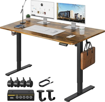 Large Electric Standing Desk,55x28 Inches Adjustable Height Stand up Desk, Sit Stand Home Office Desk, 3 Preset Heights,Equipped with Hooks,Ergonomic Computer Desk Workstation，Brown