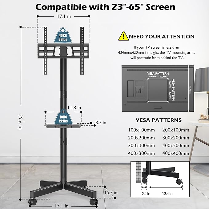 BONTEC Rolling TV Stand with Tilt, Mobile TV Stand Wheels for 23–65 Inch LED LCD TVs, Portable TV Cart with Adjustable Shelf for Living Room, Bedroom, Outdoor TV Stand Holds 88 lbs, Max VESA 400x400mm