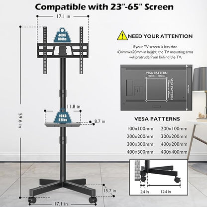 BONTEC Rolling TV Stand with Tilt, Mobile TV Stand Wheels for 23–65 Inch LED LCD TVs, Portable TV Cart with Adjustable Shelf for Living Room, Bedroom, Outdoor TV Stand Holds 88 lbs, Max VESA 400x400mm