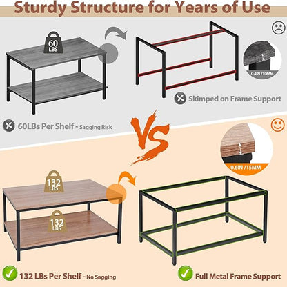 SUPER DEAL 2-Tier Industrial Coffee Table with Storage Shelf for Small Apartment Living Room, Rectangle Wood and Stable Metal TV Stand Side End Table, Natural Oak