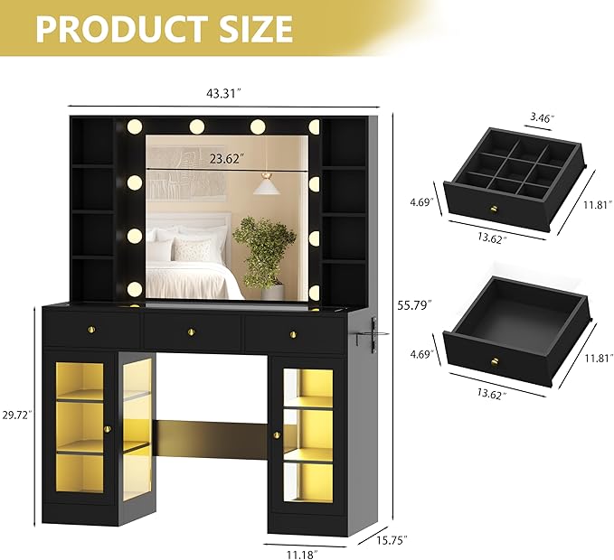 Makeup Vanity Desk with Mirror and Lights, Glass Top Vanity Table Set with Drawers & Power Outlet, Large Dressing Table with 3 Color Lighting Modes & RGB Cabinets for Women Girls Kids Bedroom, Black