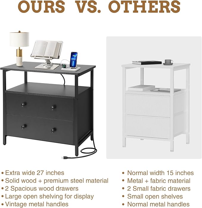 27 inch Wide Night Stand with Charging Station, Bedside Table with Open Shelf, 2 Drawers Small Wood Dresser, Modern Wood Nightstand for Bedroom/Living Room (Black)