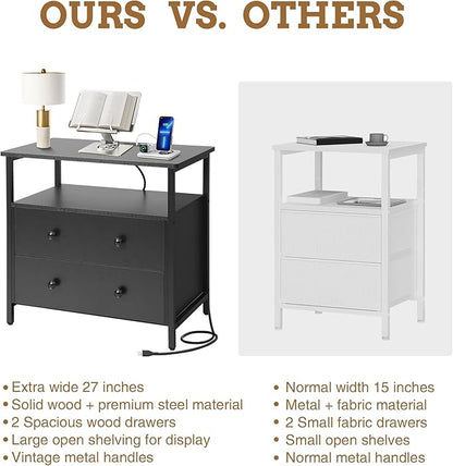 27 inch Wide Night Stand Set 2 with Charging Station, Bedside Table with Open Shelf, 2 Drawers Small Wood Dresser, Modern Wood Nightstand for Bedroom/Living Room (Black)