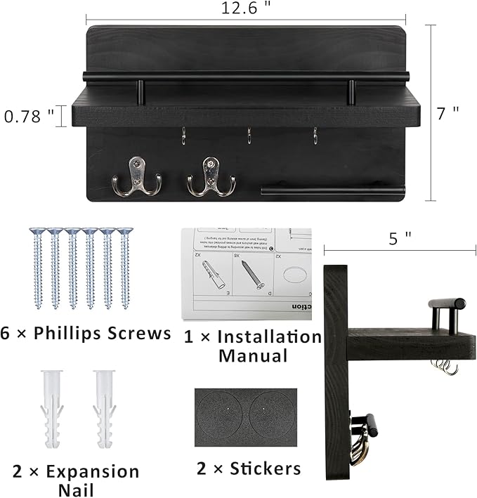 OurWarm Key Holder for Wall Decorative with 5 Key Hooks, Wall Mounted Key Hangers for Wall with Mail Key Rack, Wooden Mail Organizer with Shelf