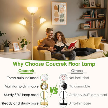 Floor Lamp for Living Room,72" Dimmable Torchiere Lamp with 2 Reading Lights for Bedroom, Gold Tall Standing Room Lamp, 3 Bulbs Included
