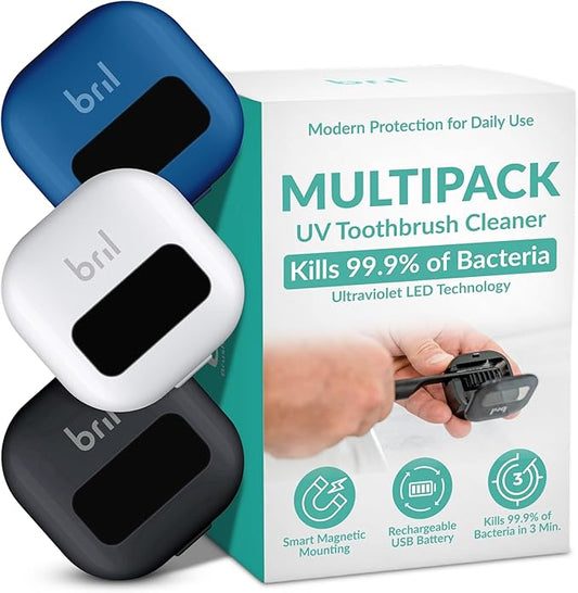 Bril UV-C Toothbrush Sanitizer and Holder – Wall Mounted, Rechargeable, 30-Day Battery, Magnetic Mount, Fits Electric and Manual Brushes, Portable Travel Case, Auto-Shutoff – Multipack