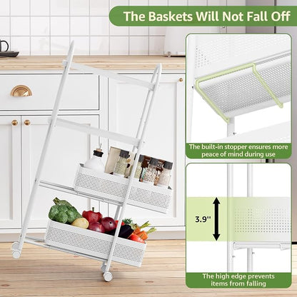 KINGRACK 4-Tier Slim Storage Cart with Pull Out Basket, Rolling Bathroom Organizer Utility, Metal Shelving Unit Slide Out, Lockable Wheels, Easy Assembly for Narrow Place, Kitchen, Laundry Room, White
