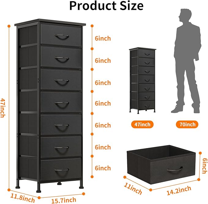 Fixwal Black Tall Skinny Dresser for Bedroom, Narrow Storage Dresser Organizer with 7 Fabric Drawers, Nightstand Furniture in Closet, Entryway, Hallway