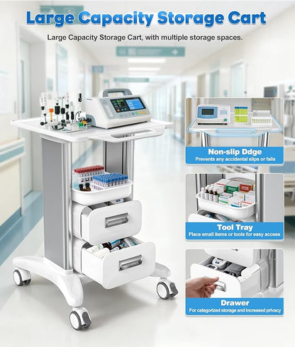 Medical Cart 3 Tiers, Lab Utility Cart with 2 Drawers & 1 Top Tray, ABS Mobile Medical Trolley Cart, Hospital Mobile Ultrasound Cart with 4 Silent Wheels for Dental Clinic, Beauty Salon, 220 LBS