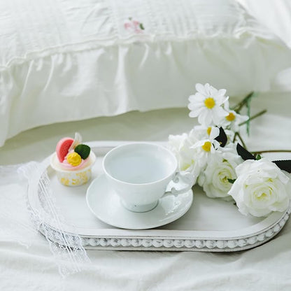HPC Decor 15in Oval Wooden Tray - White Beaded Serving Tray, Rustic Farmhouse Vintage Centerpiece, Kitchen & Living Room Decor