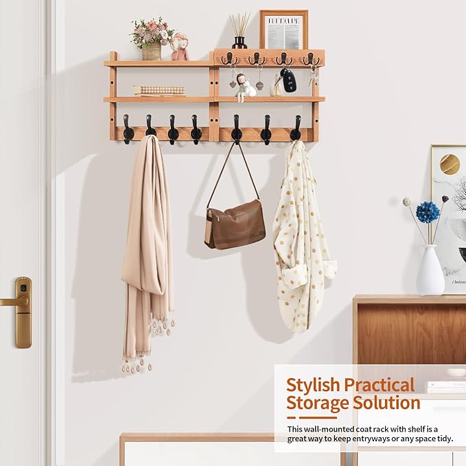 29" Coat Rack Wall Mount with Shelf, Pine Two-Tier Wall Shelf Mounted Coat and Key Hanger with 7 Heavy Duty Hooks 4 Key Hooks, Entryway Key Holder with Mail Holder for Bedroom,Living Room (Wood)