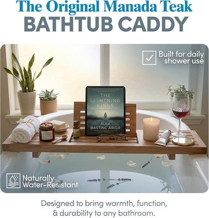 AquaTeak 30" Manada Teak Bathtub Tray Caddy - Durable, Water-Resistant Bath Tray for Tub with Foldable Book & Tablet Stand - Fits Standard Soaking Bathtubs - Bathroom Accessories for Spa