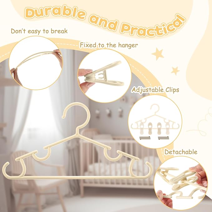 Hsei 5/10/40 Pack Baby Hangers with 10/20/80 Clips, Plastic Kids Pants Hangers for Nursery Closet Top and Bottom Clothes Hanger Set for Newborn Infant Toddler(120 Packs Total,Ivory,10.6 Inch)