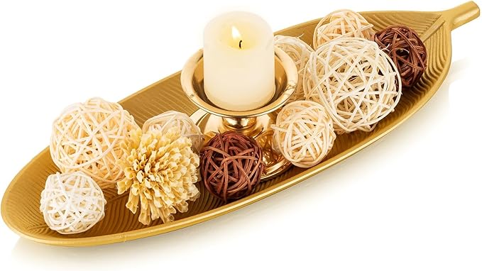 Hanobe Decorative Bowls for Home Decor: Leaf Shaped Wood Key Tray Entryway Decor Leaves Bowl for Fireplace Mantel, Gold