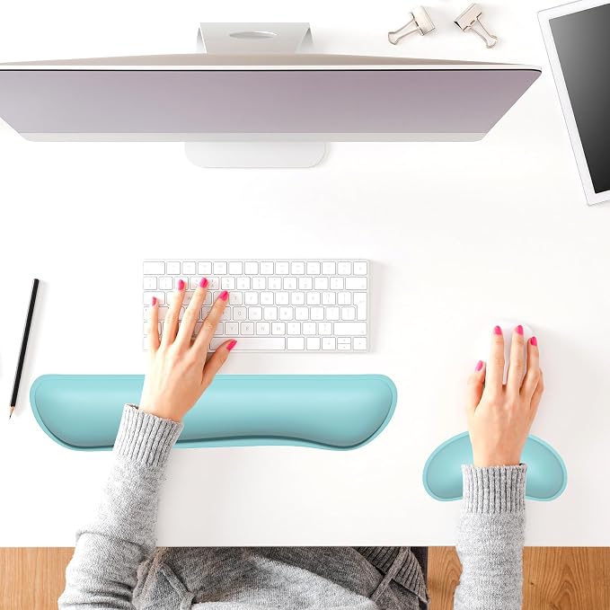 Dapesuom Keyboard Wrist Rest Set, Cute PU Leather Wrist Cushion for Computer Keyboard and Mousepad, Memory Foam Mouse Pad Rests Support with Non-Slip Base for Typing Pain Relief, Pale Robin Egg Blue