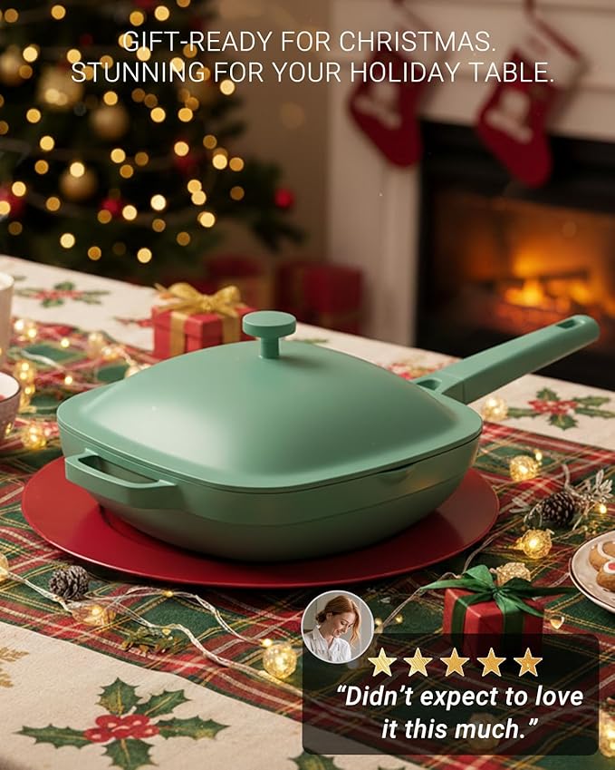 10.5 Inch(3.8QT) Ceramic Pan with Lid,Non Stick Frying Pans Cast Aluminum Deep Sauté Pans,Ti-Ceramic Non Toxic Pix Pan with Wooden Spatula and Scrubber-Mint Haze