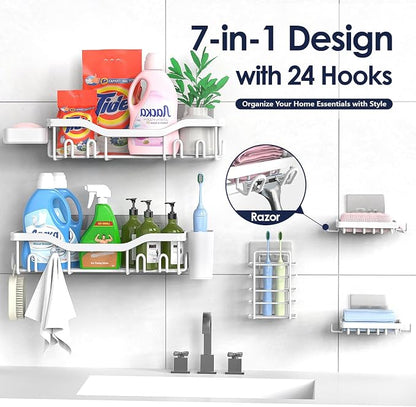NESOMI Shower Caddy Adhesive Shower Organizer 7-Pack, Rustproof Stainless Steel Bathroom Shelves, Large Capacity No-Drill Rack Storage Accessories with Soap Dish Toothbrush Holder Hooks