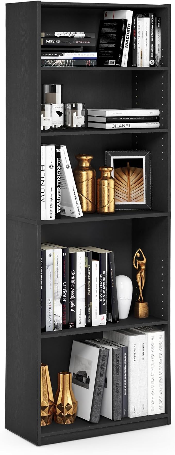 Furinno Jaya Book Shelf, 5-Tier Bookshelf, Bookcase with Adjustable Shelves, 9.5" x 24.5" x 71.2", for Organization and Storage, for Living Room, Bedroom, Home Office, Blackwood