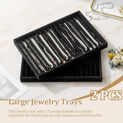 Large Velvet Jewelry Tray 2 Pack Stackable Jewelry Display Drawer Inserts Trays Organizer for Earring Bracelet Necklace Ring (Black, 16 Grids)