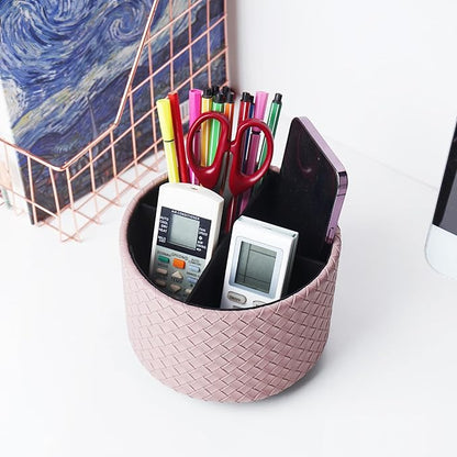 Hennaja Round Leather Art Supply Organizer,Remote Control Holder,360 Degree Spinning,Multi-Functional Pencil Holder,4 Compartments Desktop Stationary Organizer(1-Weave Purple)