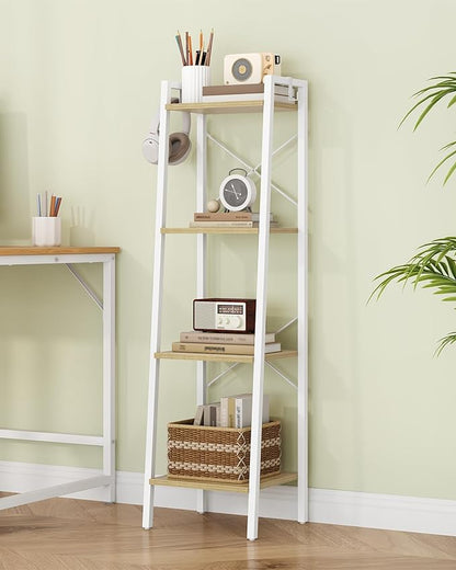 Ladder Shelf, Bookshelf Bookcase, Freestanding Corner Storage Shelve with 2 Hooks for Home Office, Living Room, Kitchen, Bedroom, Industrial, 11.8" D x 13.4" W x 47.2" H, White Oak and White