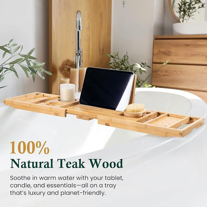 Bamboo Bathtub Tray, Bath Caddy with Wine Glass Holder, Phone Dock & Book Stand | Hands-Free Reading & Ultimate Spa Relaxation Experience-Natural