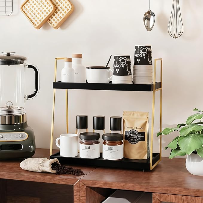 Coffee Bar Accessories, Black Gold Coffee Station Organizer for Countertop Decor, 2 Tier Large Wooden CoffeeBar Shelf for Office, Breakroom, Bathroom