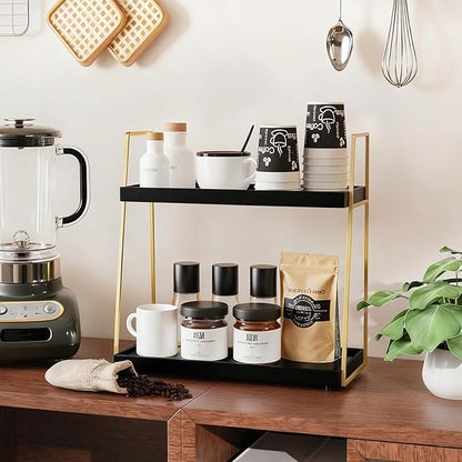 Coffee Bar Accessories, Black Gold Coffee Station Organizer for Countertop Decor, 2 Tier Large Wooden CoffeeBar Shelf for Office, Breakroom, Bathroom