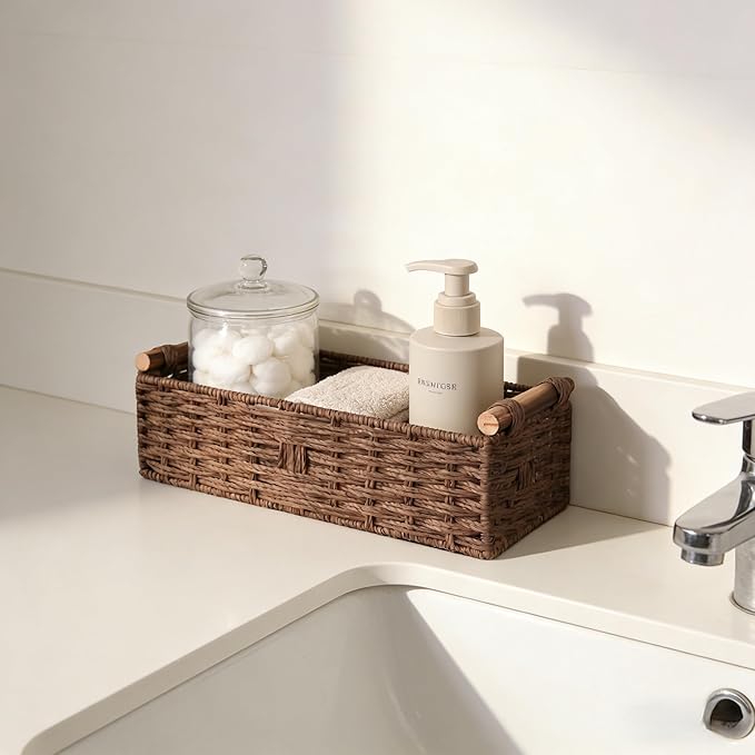 Brown Toilet Basket for Toilet Paper, Wicker Storage Basket with Wooden Handles, Handwoven Paper Rope Toilet Tank Basket, Decorative Basket for Toilet Countertop, Bathroom Baskets for Organizing
