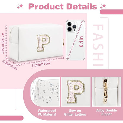 Small Initial Patch Makeup Bag Personalized Gifts Make Up Bag,White Cute PU Leather Glitter Letter Cosmetic Bag with Zipper,Trendy Portable Travel Toiletry Pouch,Preppy Stuff for Teen Girls Women P