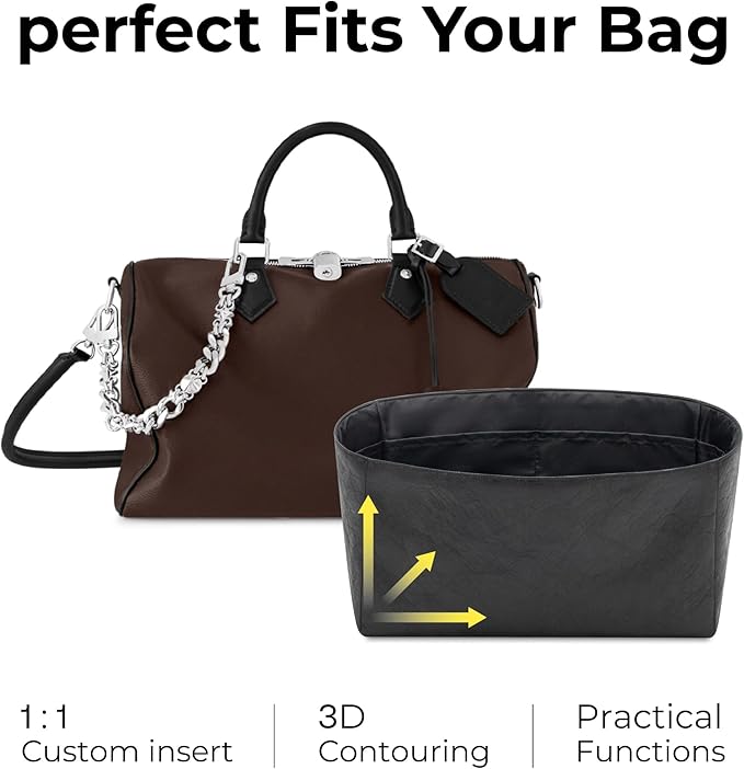 Purse Organizer Insert for LV Soft Speedy Dark Handbag, Custom Fit Inside Premium Matte Black Lightweight WaterResistant Tote Bag Insert with Cup Holder Accessories