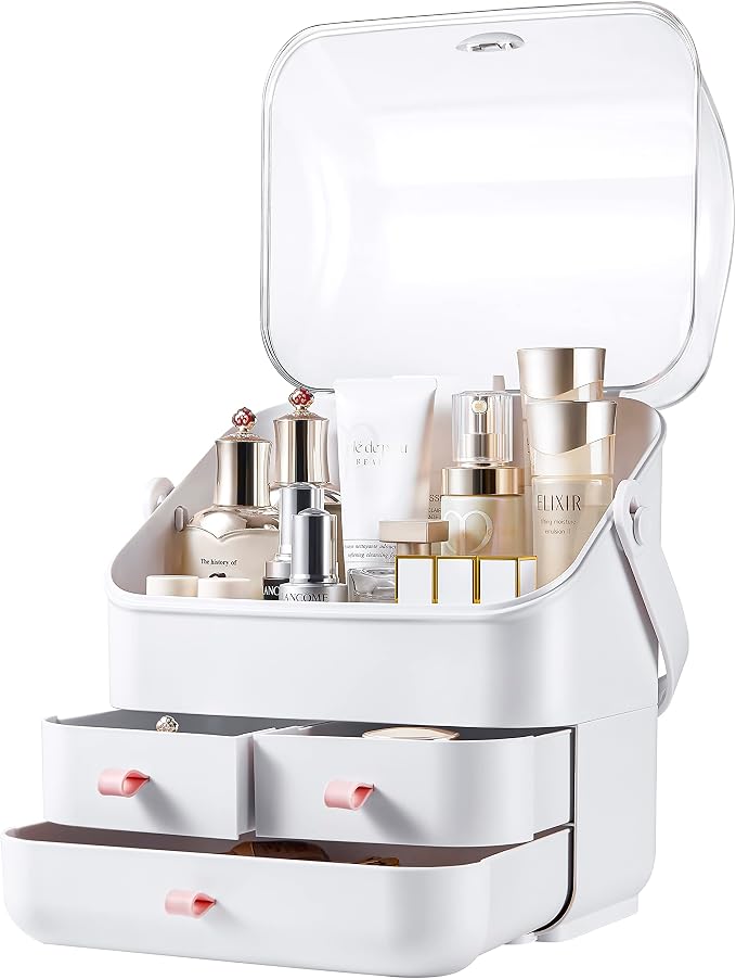 Large Makeup Organizer w Drawers Beauty Organizer Makeup Box Holder Vanity Organization Desk Countertop MakeUp Organizers Bathroom Counter Organizer Skincare Cosmetic Case Stand Dustproof Lid Gift