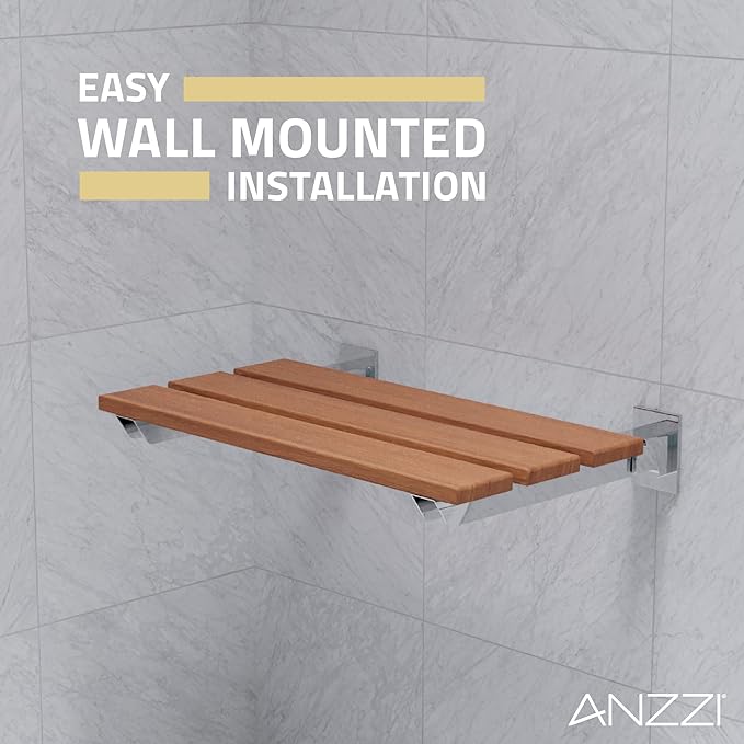 ANZZI Wall Mount Spa Bohemian 18.7 in x 12.4 in Rhino Alloy Certified Bathroom Accessories Folding Teakwood Shower Bench AC-AZ202