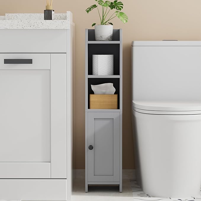 Homhedy Small Bathroom Storage Corner Floor Cabinet with Door and Shelves, Beside The Toilet Paper Stand for Skinny, Narrow Toilet Paper Cabinet, 7.9" D x 7.1" W x 31" H, Gray