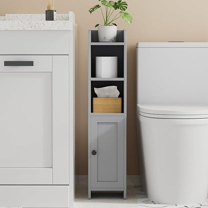 Homhedy Small Bathroom Storage Corner Floor Cabinet with Door and Shelves, Beside The Toilet Paper Stand for Skinny, Narrow Toilet Paper Cabinet, 7.9" D x 7.1" W x 31" H, Gray