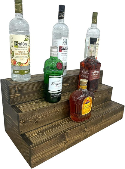 Handmade Tiered Display Shelving - Three Tier Bar Display - Bar Organizer - Liquor Bottle Display (24" without Back, Dark Walnut)